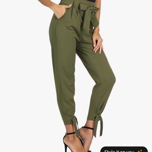 Olive Green Women's Pants with Bow Detail